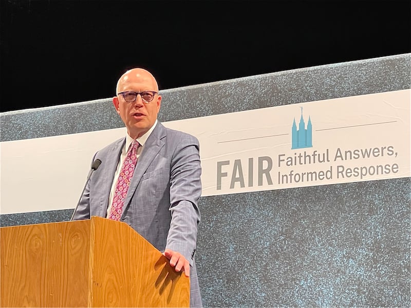 Randy Austin, an outside attorney for the Church of Jesus Christ speaks at the 2025 FAIR Conference on Aug. 7, 2025.