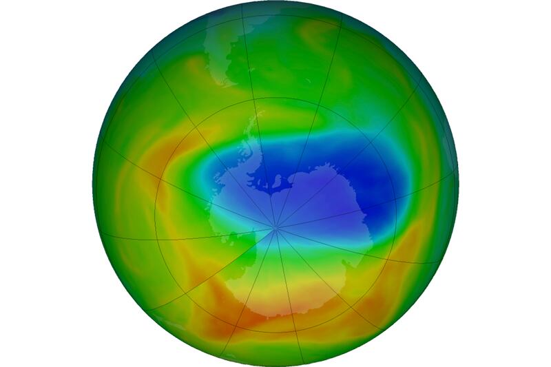 A map of a hole in the ozone layer over Antarctica.