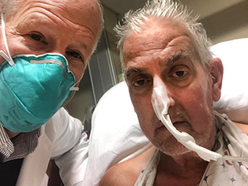 Bartley P. Griffith, MD and patient, David Bennett in the hospital.