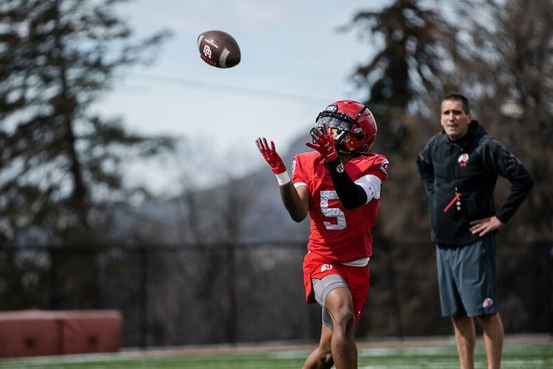 Ute receiver Ryan Peppins prepares to catch the ball during spring practice on March 22, 2022, at the University of Utah.