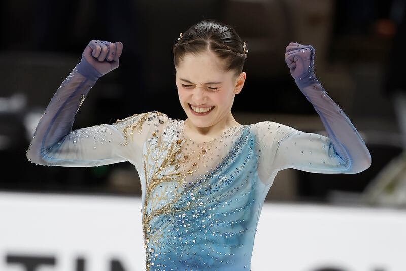 Isabeau Levito reacts after her performance at the U.S. figure skating championships in San Jose, Calif., Jan. 27, 2023.