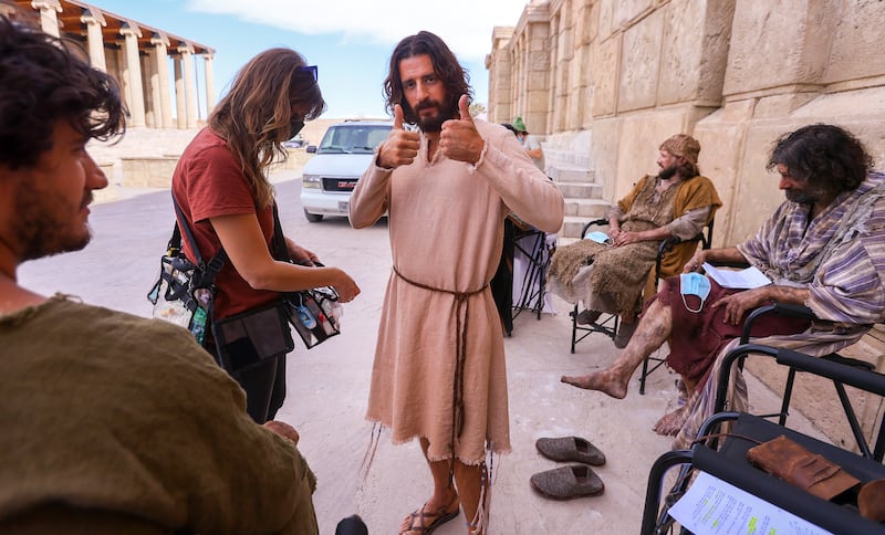 Jonathan Roumie, who plays Jesus, gives two thumbs-up during a pause in filming of “The Chosen” in Goshen, Utah County, on Oct. 19, 2020.