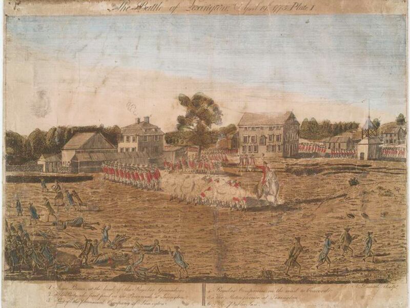 An engraving of the battle of Lexington in 1775.