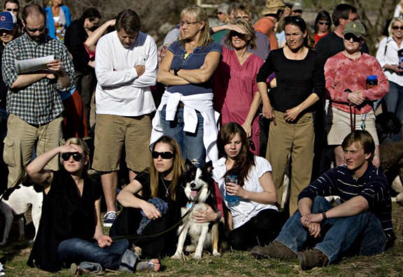 Dog owners and others listen to Salt Lake Mayor Ralph Becker and his staff speak about Parley's Historic Nature Park Thursday, April, 15, 2010.