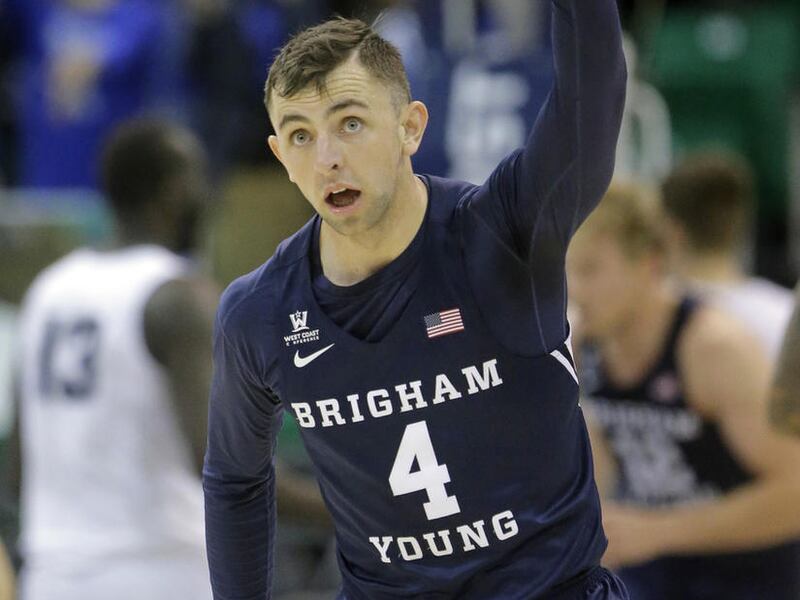 FILE- This Nov. 30, 2016, file photo, BYU guard Nick Emery (4) celebrates after scoring a 3-pointer against Utah State during the second half during an NCAA college basketball game, in Salt Lake City. BYU coach Dave Rose has been waiting for this moment f