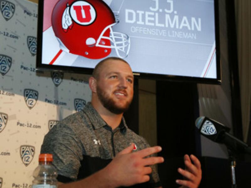 Utah offensive lineman J.J. Dielman speaks at the Pac-12 NCAA college football media day in Los Angeles on Thursday, July 14, 2016. (AP Photo/Reed Saxon)