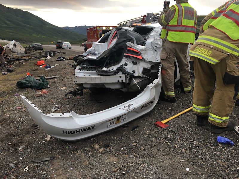 A Utah Highway Patrol trooper and two other people were injured in a crash on I-80 near Lambs Canyon while the trooper was investigating another crash on Sunday, July 7, 2019.