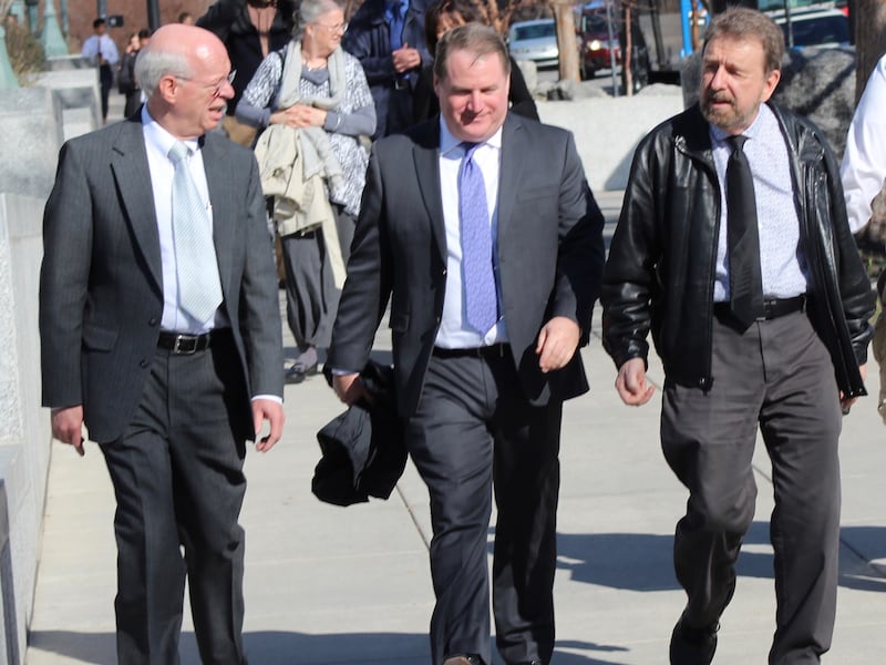 Elder J. Devn Cornish, left, a General Authority Seventy of The Church of Jesus Christ of Latter-day Saints, walks with Elder Lachlan Mackay, middle, a member of the Council of the Twelve of the Community of Christ and Richard Moore, right, from BYU. Memb