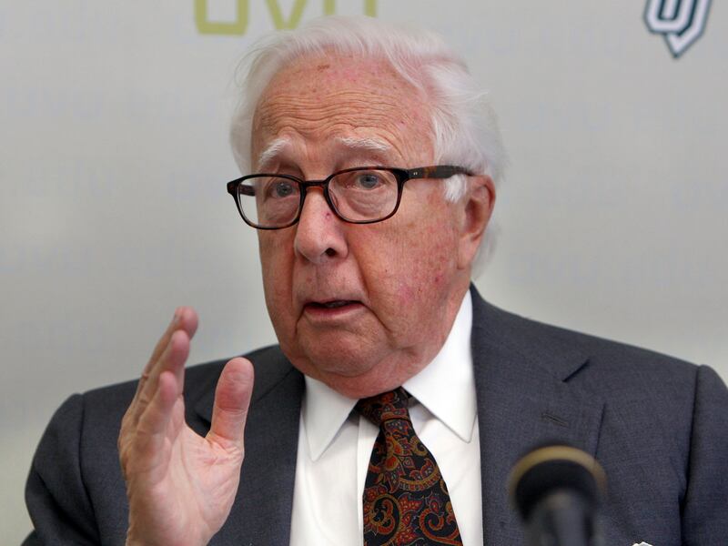 David McCullough speaks at a press conference as Utah Valley University.