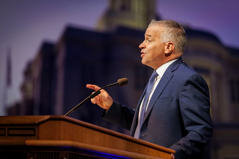 BYU President Shane Reese delivers a devotional at the Marriott Center in Provo, Utah, on Tuesday, Sept. 10, 2024.