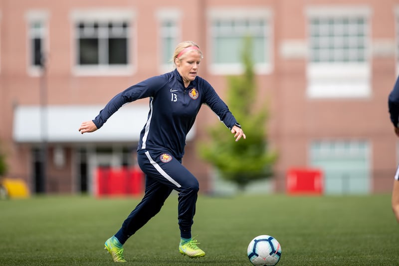 Utah Royals FC's Makenzy Doniak dribbles during a training session at America First Field in Sandy, Utah.