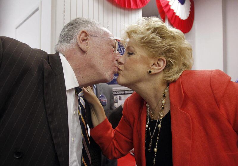 Carolyn Goodman, right, kisses her husband Oscar Goodman as she was announced the winner of the race for Las Vegas mayor Tuesday, June 7, 2011, in Las Vegas. Goodman will succeed her husband, the current Las Vegas mayor.