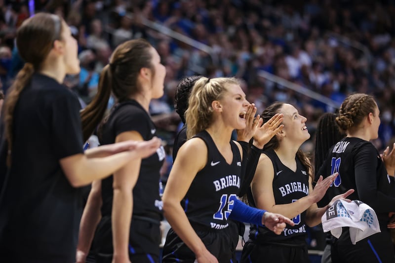 BYU Cougars celebrates after winning a game against Gonzaga Bulldogs at the Marriott Center in Provo.
