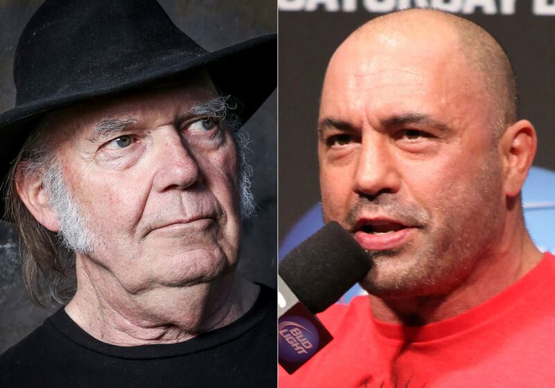 This combination photo shows Neil Young, left, and UFC announcer and podcaster Joe Rogan, right.