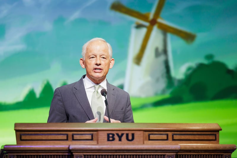 Elder Michael A. Dunn speaks at a BYU devotional at the Marriott Center in Provo, Utah, on Tuesday, March 4, 2025.