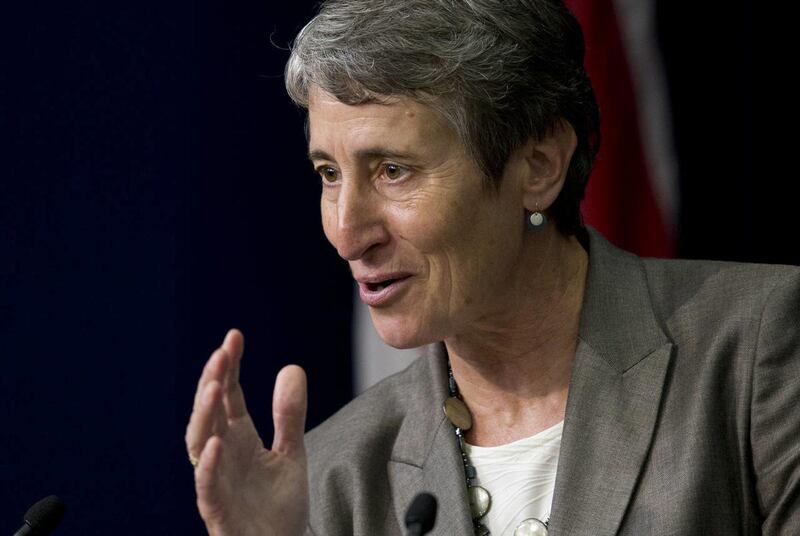 In this 2013 file photos, Sally Jewell, Secretary of the Interior, speaks in the South Court Auditorium of the White House Complex in Washington. Jewell spoke at Weber State University's fifth annual Intermountain Sustainability Summit Thursday.