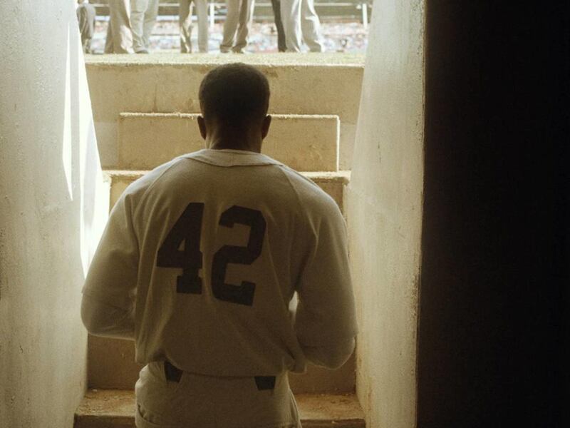 CHADWICK BOSEMAN as Jackie Robinson in Warner Bros. Pictures’ and Legendary Pictures’ drama “42,” a Warner Bros. Pictures release.