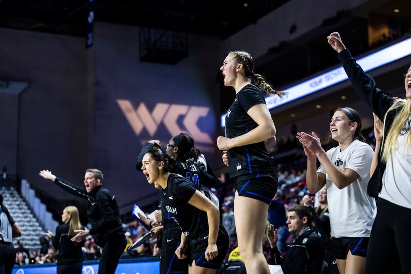 BYU’s bench celebrates during the Cougars’ 66-56 win over San Francisco in the West Coast Conference tournament quarterfinals at Orleans Arena in Las Vegas on Saturday, March 4, 2023.