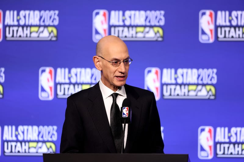 NBA Commissioner Adam Silver speaks at a press conference before the NBA All-Star Skills Challenge at Vivint Arena Saturday Feb. 18, 2023.