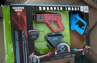 A Sharper Image infrared laser tag gun set is pictured at Lesha Kirkwood's home in Farmington on Thursday, Dec. 27, 2018. One of the batteries in the set exploded in her son's face on Christmas.