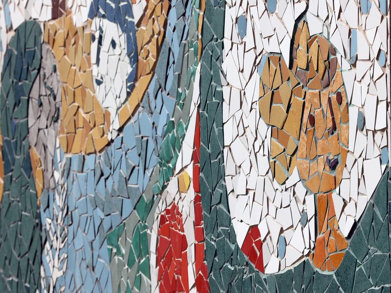 A mosaic panel is part of a mural dedicated to those who have committed suicide.