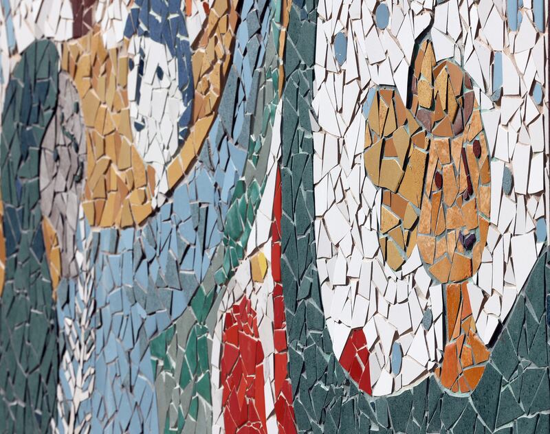 A mosaic panel is part of a mural dedicated to those who have committed suicide.