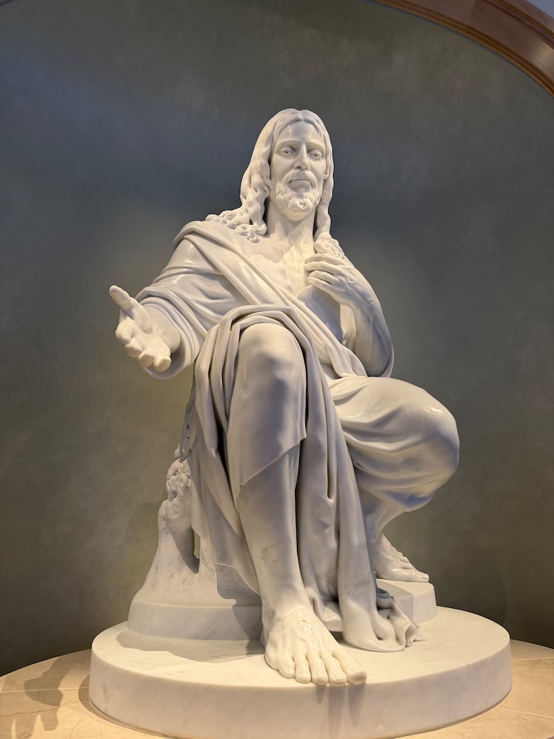 The new "Come Unto Me" statue of Jesus Christ by Swiss sculptor Christian Bolt at the Salt Lake Temple Visitors' Center.