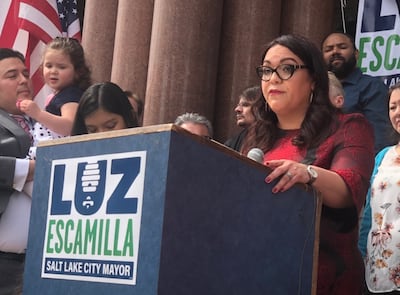 Sen. Luz Escamilla, D-Salt Lake City, launches her campaign for Salt Lake City mayor on the steps of the Salt Lake City-County Building on Tuesday, March 26, 2019.