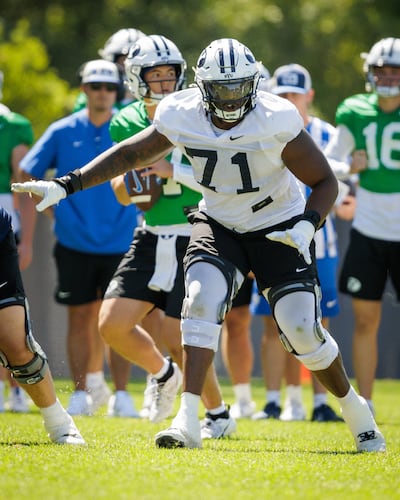 Isaiah Jatta works on his technique during practice Aug. 11, 2025, in Provo.