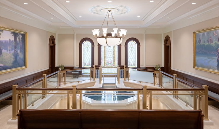 The baptistry of the Deseret Peak Utah Temple.