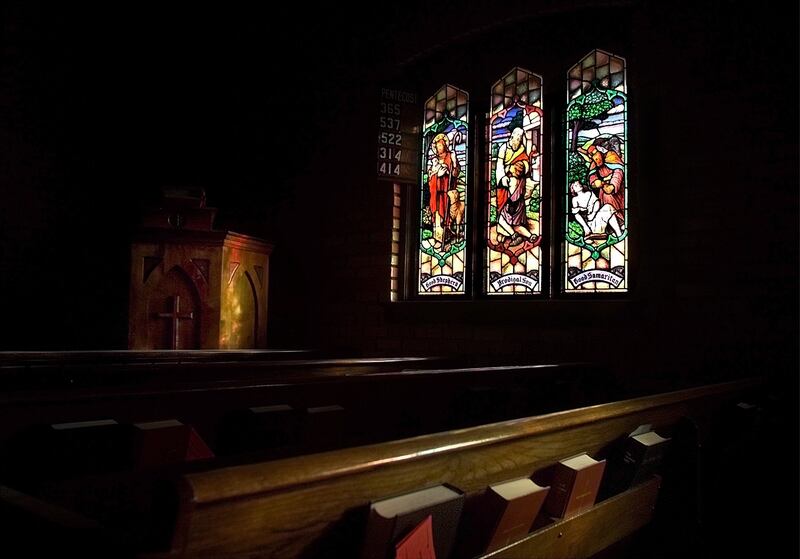 Stained glass windows in the chapel at St. Mary's Episcopal Church in Provo depict the Good Shepherd, the Prodigal Son and the Good Samaritan.