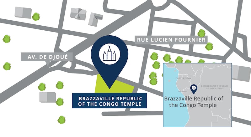 A site map pinpoints the location of the Brazzaville Republic of the Congo Temple, which will break ground on Aug. 23, 2025.