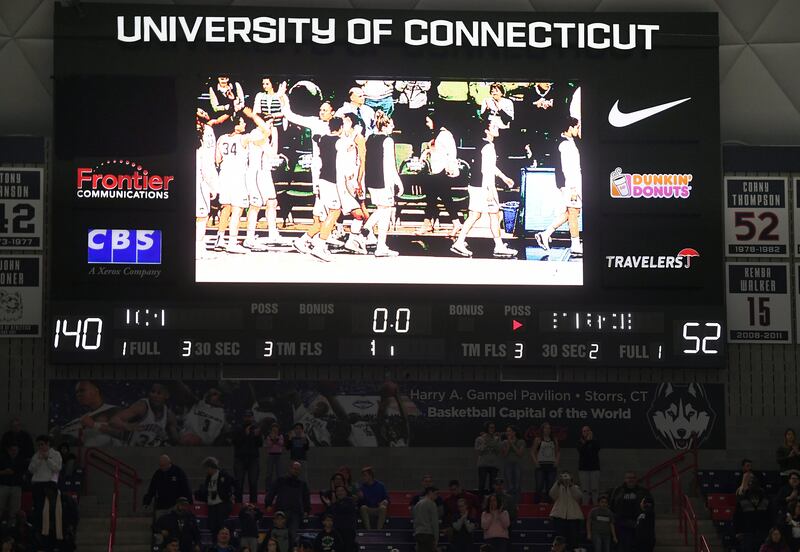 The scoreboard at the University of Connecticut is displays the final score of a first-round game between UConn and St. Francis (Pa.) in the NCAA women's college basketball tournament in in Storrs, Conn., Saturday, March 17, 2018.