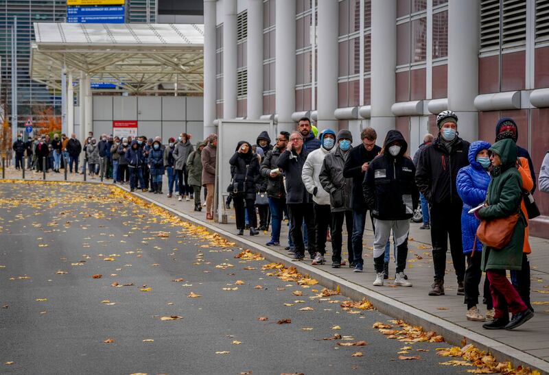 People in front of the vaccination center in Frankfurt, Germany.
