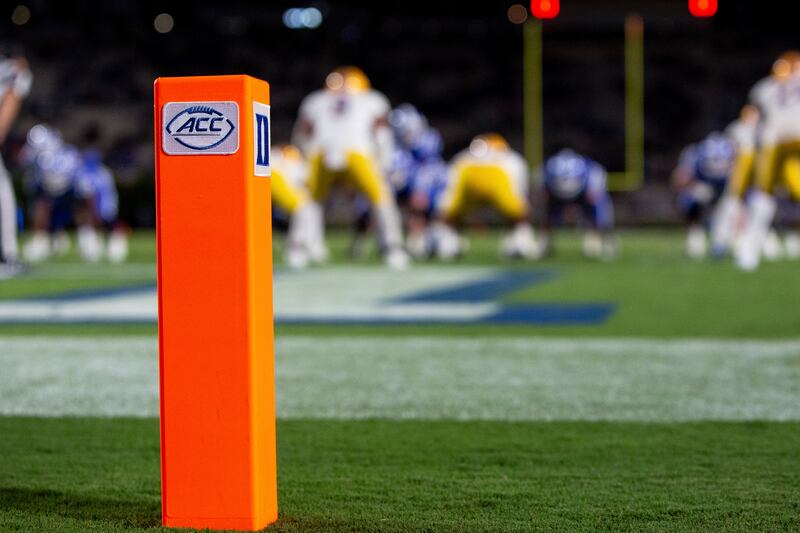 The ACC logo is seen on a pylon at the back of an end zone during an NCAA college football game between Duke and Pittsburgh.