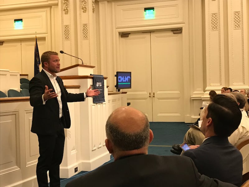 Timothy Ballard, an author and the founder/CEO of Operation Underground Railroad, speaks at the Fourth Annual Moral and Ethical Leadership Conference in the Joseph Smith Memorial Building on Friday, Sept. 14.