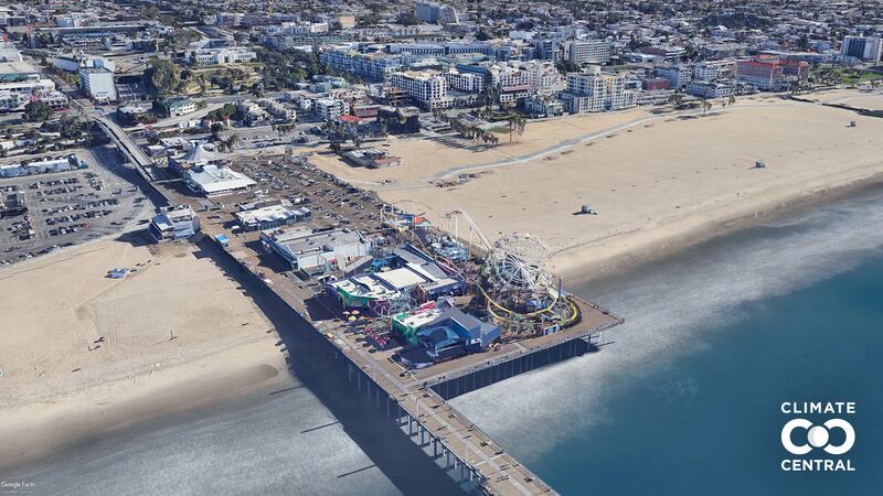 Projected sea levels at Santa Monica Pier in California due to human-caused global warming under two different scenarios.