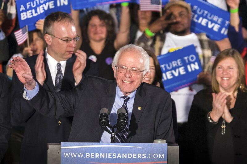 Democratic presidential candidate, Sen. Bernie Sanders, I-Vt, smiles as he speaks at his primary night rally Tuesday, Feb. 9, 2016, in Concord, N.H. (AP Photo/J. David Ake)