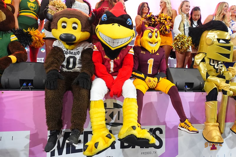 Colorado, Iowa State, Arizona State and other mascots pose for photos during the Big 12 football media days in Frisco, Texas, Tuesday, July 8, 2025.