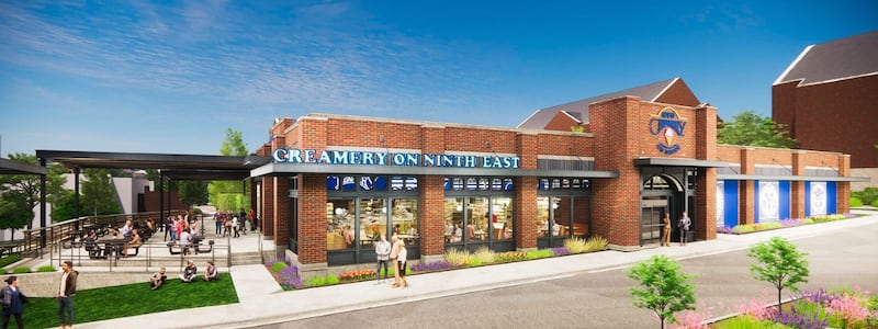 An artist's rendering of BYU's new building for the Creamery on Ninth, a campus landmark.
