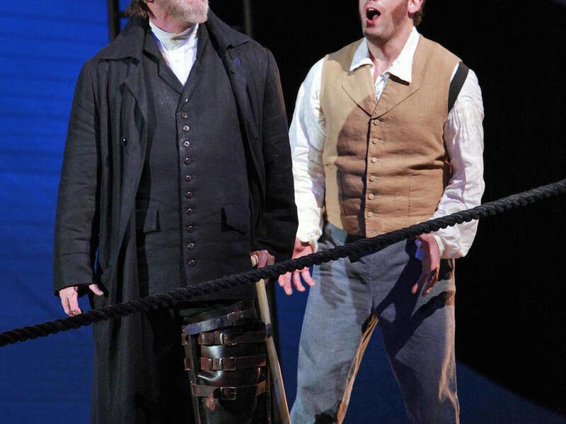 In this photo taken Oct. 1, 2012 and provided by the San Francisco Opera, Jay Hunter Morris, portraying Captain Ahab, left, and Morgan Smith, portraying Starbuck, perform the opera Moby Dick in San Francisco. "Moby-Dick," a hit at its premiere in Dallas i