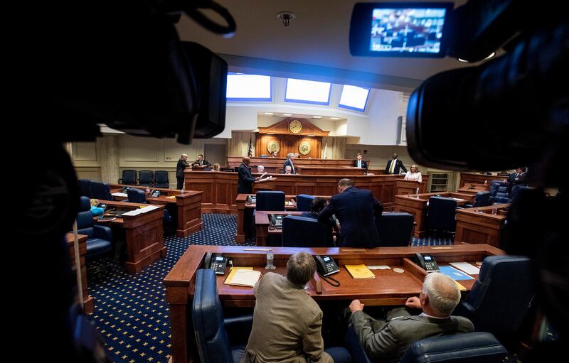 Lawmakers debate a ban on nearly all abortions in the senate chamber in the Alabama State House in Montgomery, Ala., on Tuesday, May 14, 2019. The legislation would make performing an abortion a felony at any stage of pregnancy with almost no exceptions.