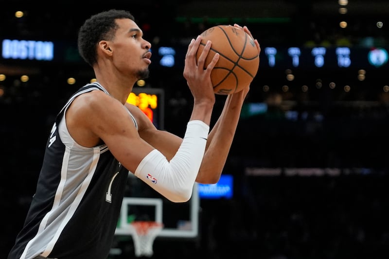 San Antonio Spurs center Victor Wembanyama (1) shoots during an NBA basketball game on Jan. 17, 2024.