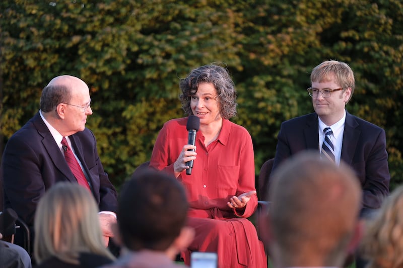 Historian Kate Holbrook speaks during a worldwide “Face to Face” church history broadcast.
