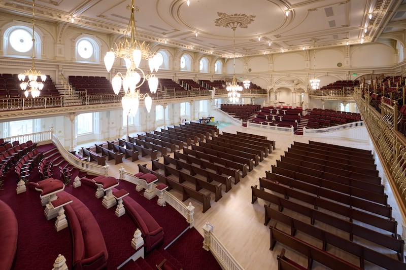 The assembly room on the top floor of the Salt Lake Temple in Salt Lake City is shown on Tuesday, June 23, 2026.