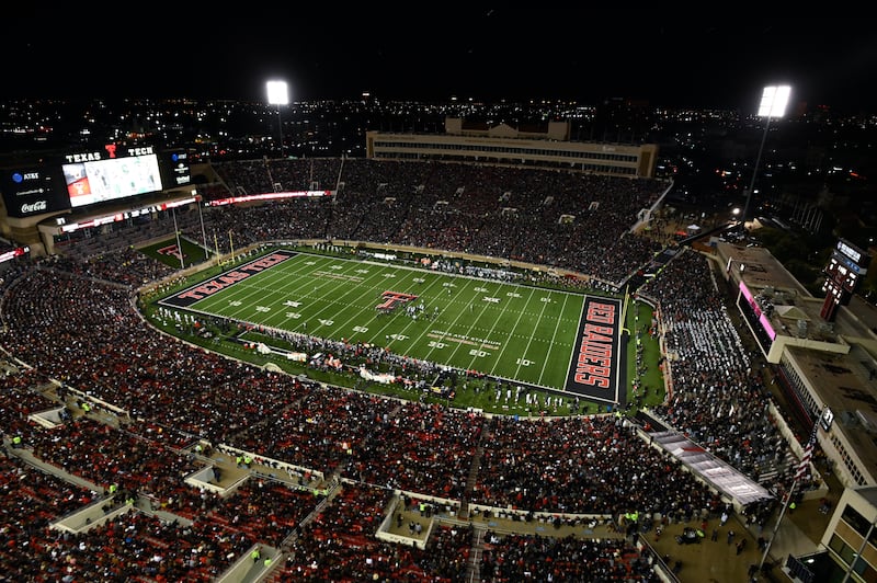A sold-out crowd in Jones AT&T Stadium watches during game between Texas Tech and Baylor Saturday, Oct. 29, 2022, in Lubbock, Texas. Saturday the stadium will be rocking when No. 7 BYU pays Lubbock a visit to face the No. 8-ranked Red Raiders.