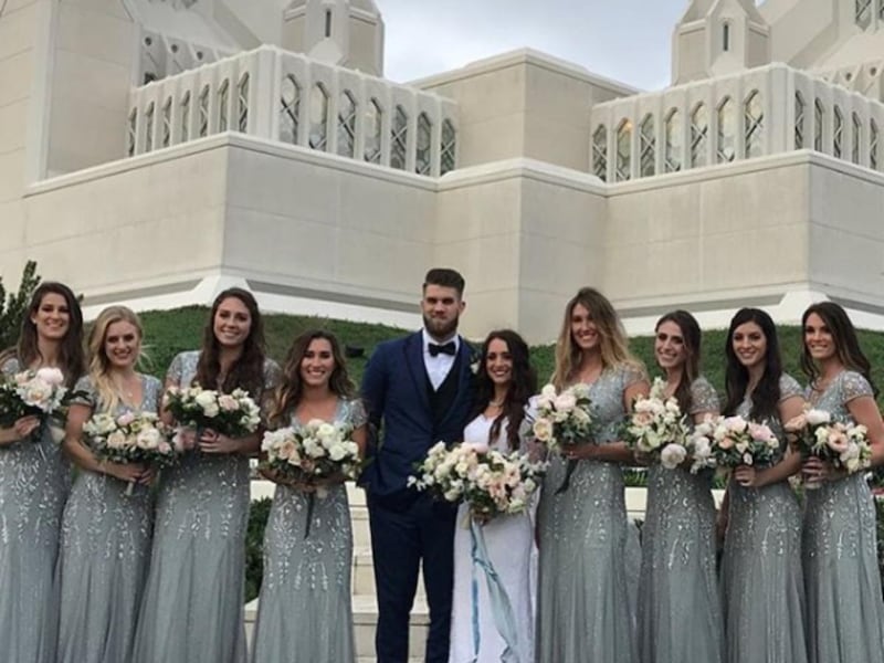 Baseball superstar Bryce Harper and former BYU soccer player Kayla Varner's wedding has been a long time coming, but it appears the two finally tied the knot in the San Diego California LDS Temple on Saturday.