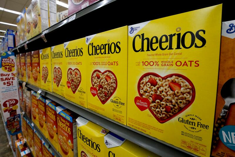 Boxes of General Mills Cheerios cereal sit on display in a market in Pittsburgh, Wednesday, Aug. 8, 2018. (AP Photo/Gene J. Puskar)