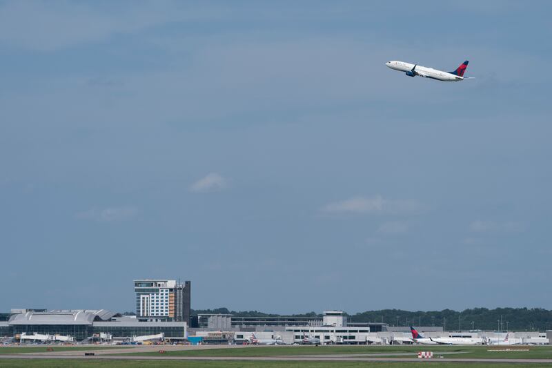 A Delta Air Lines plane takes off from Nashville International Airport.