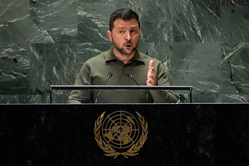 Ukraine’s President Volodymyr Zelenskyy addresses the 78th session of the United Nations General Assembly on Sept. 19, 2023.